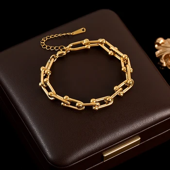 GANEMLY 316L Stainless Steel U-shaped Horseshoe Bracelet Bangle For Women Men Gold Color Trendy Waterproof Jewelry Bijoux Femme