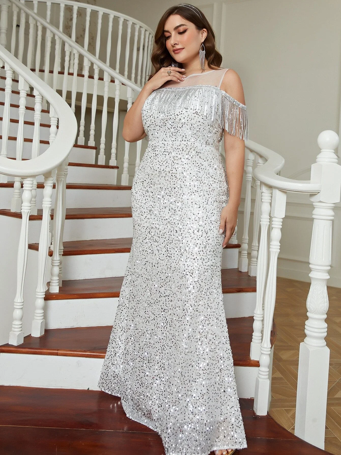 One Shoulder CASCADE SKIRT Chiffon Gowns Silver Plus Size main image 1