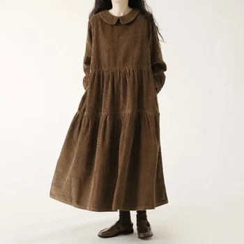 Autumn Winter Corduroy Dress Women Casual Dresses Fashion Female Vestidos Long Sleeve Vintage  A-line Dress Women's Dresses 1