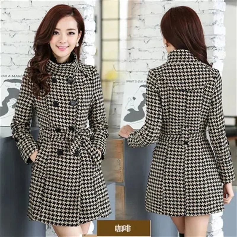 With or Without Cotton Optional Thousand Bird Check Windbreaker Double Breasted Slimming Wool Coat Medium Long Women's Commute X