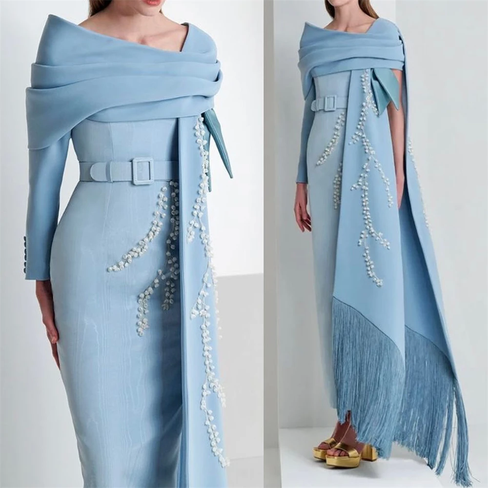 

Платье для выпускного из Саудовской Аравии, вечернее трикотажное платье-трапеция с поясом, бисером, бахромой, рюшами, V-образным вырезом, индивидуальное платье, платья миди