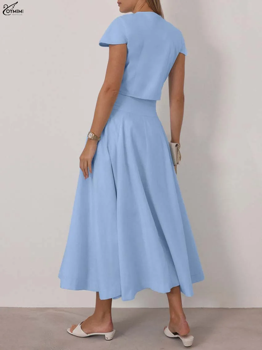 Oymimi Elegant Blue Cotton 2 Pieces Set For Woman Fashion O-Neck Short Sleeve Button Shirts And High Waist Mid-Calf Skirts Sets