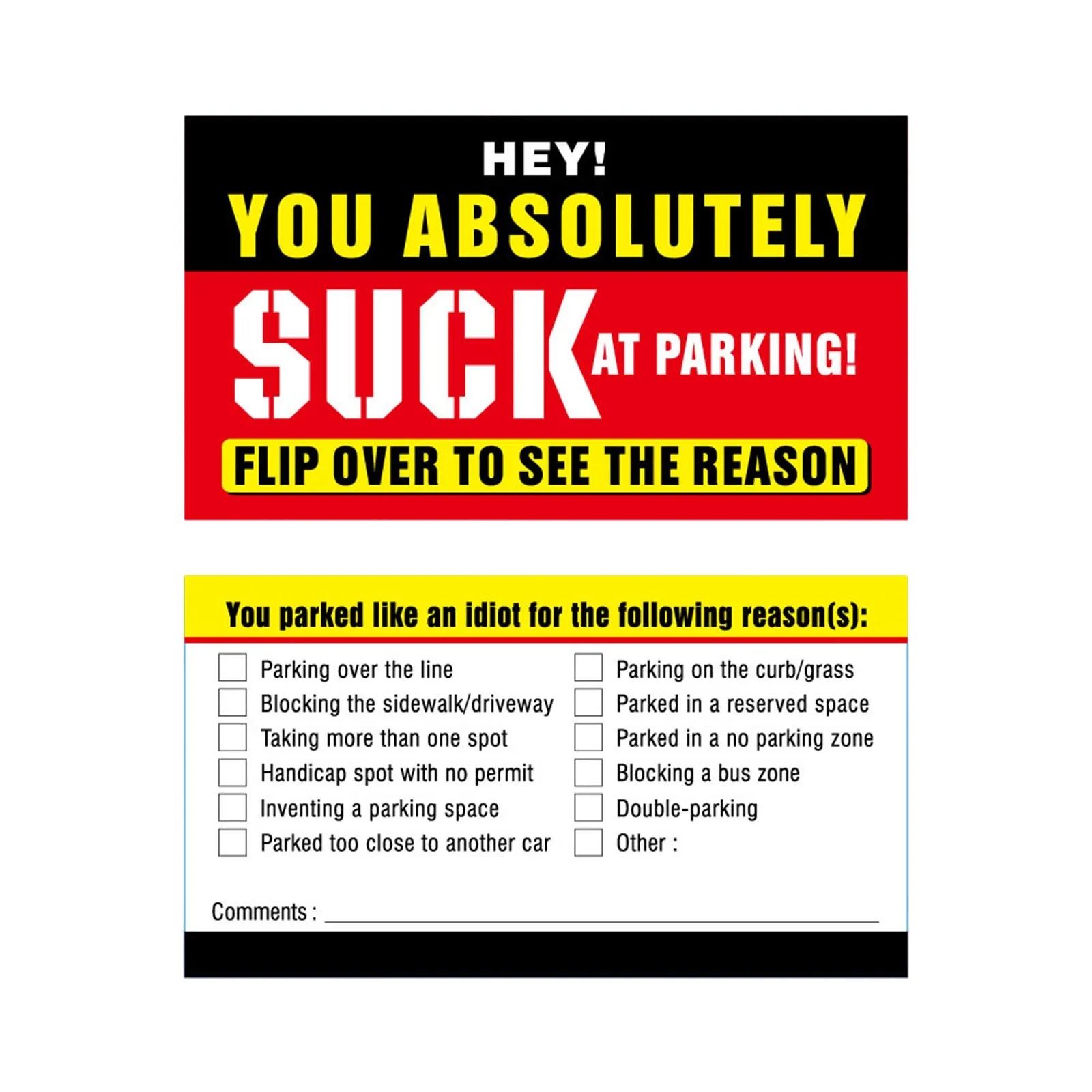 Bad Parking Cards You Absolutely Suck At Parking Cards Bad Cards Violation Tickets Funny Hilarious Prank 50Pcs prank toys card game