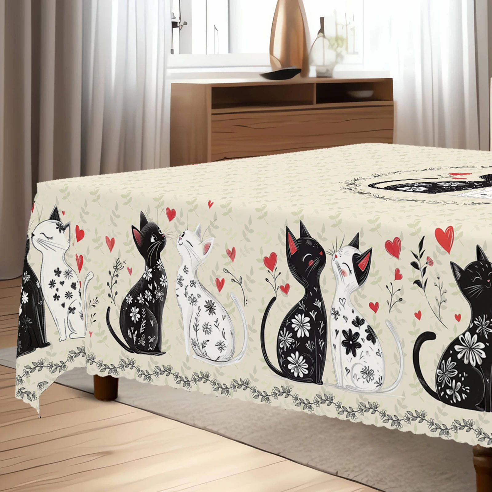 Cat and Love Tablecloth, Embossed Edge Design, Kitchen, Picnics, Indoor/Outdoor Decor, Ideal Gift for Cat Lovers, Cat Decor 3