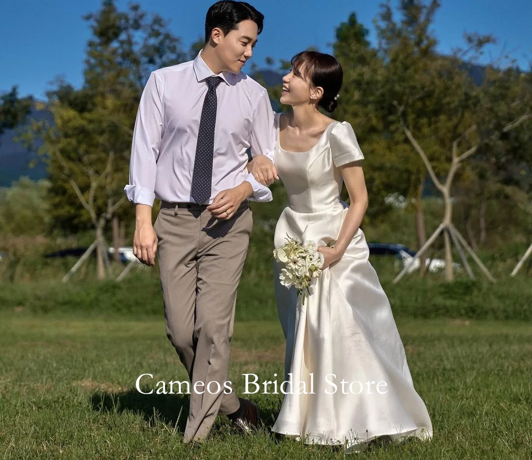

SONDR Square Collar Short Sleeves Korea Wedding Dresses Princess Photo Shoot Ivory Satin Corset A-Line Ivory Custom Bridal Gown