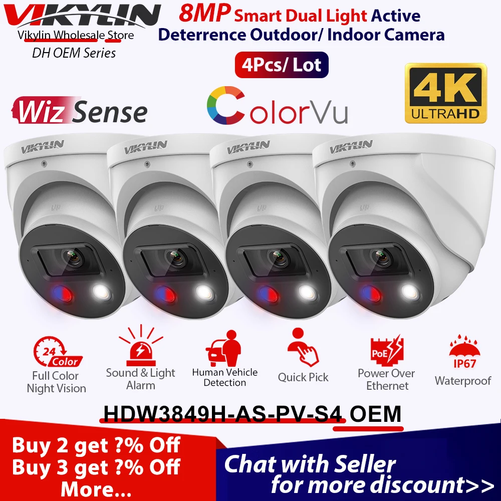 Vikylin WizSense 야외 IP 카메라, Dahua IPC-HDW3849H-AS-PV-S4 컬러 야간 알람 아웃 보안 캠 마이크 스피커, SD 4 개, 8MP 4K