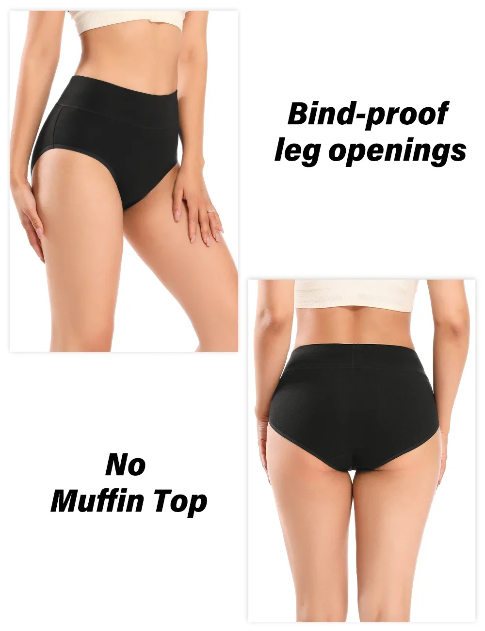 POKARLA Women Soft Cotton Underwear Comfortable No Muffin Top Briefs Female High Rise Belly Control Panties Sets Black Plus Size