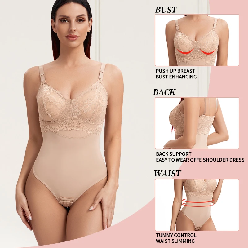 Lace Thongs Bodysuit Shapewear Women Seamless Full Body Shaper Slimming Waist Tummy Control Underwear Flat Belly Smooth Corset Waist Trainer Women Body Shaper Sexy Bodysuit