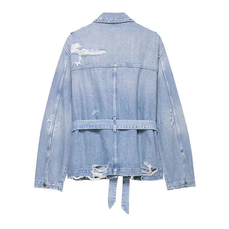 2025 Autumn Street Hole Denim Women Coats Elegant Turn-down Single Breasted Jacket Lace Up Full Sleeve Female Jackets Lady Coat