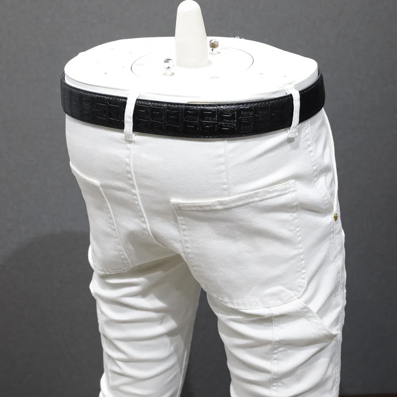 High Street Fashion Men Jeans White Elastic Stretch Skinny Jeans Men Multi Pockets Spliced Designer Hip Hop Denim Pants Hombre