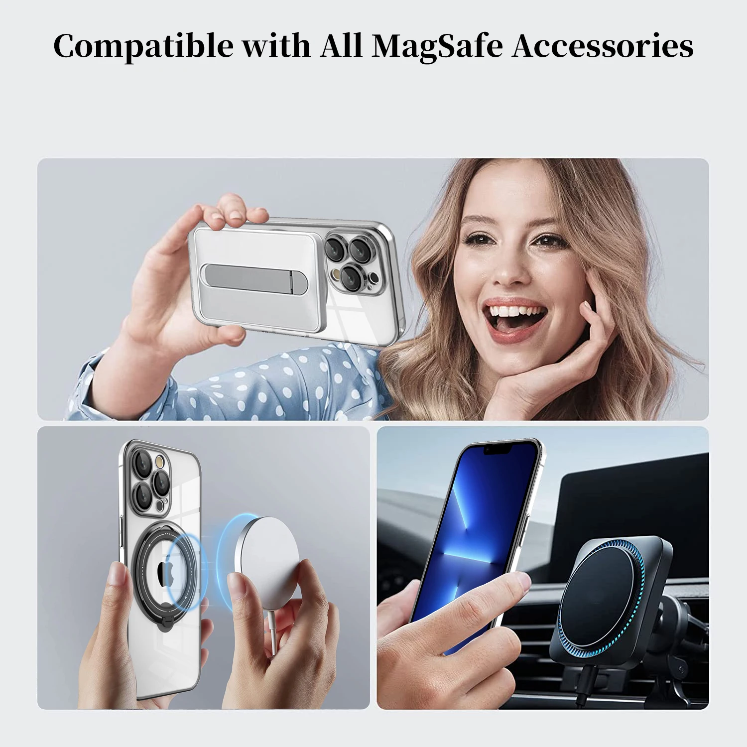 360 Rotating Bracket Ring Holder Car Mount Case for iPhone 15 14 13 12 11 Pro Max Magsafe Magnetic Wireless Charging Clear Cover