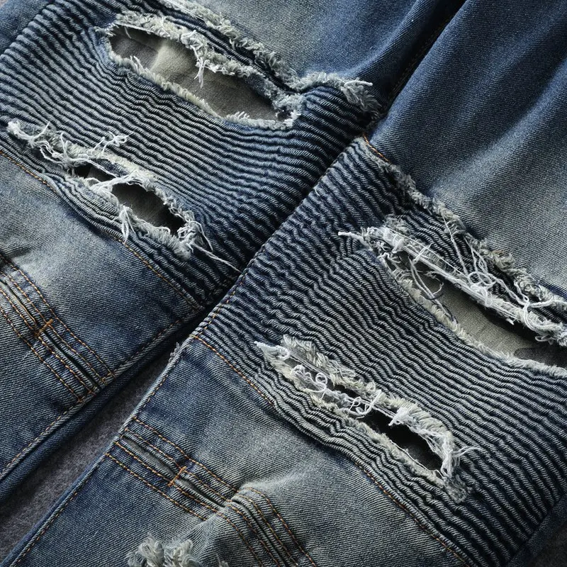 Broken pleated motorcycle jeans for men with slim fit and small feet retro and nostalgic trend street casual elastic denim pants