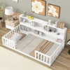 Twin Floor Bed with Bedside Bookcase,Shelves,Guardrails,White 3