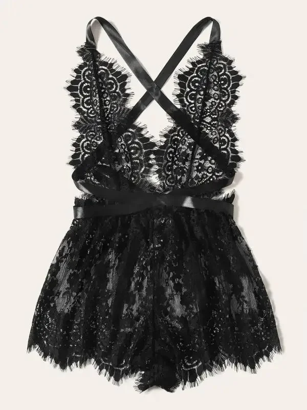 Black Lace See-through Netting Sexy Chemise Nightgown Intimate Underwear Attractive Mesh Design Sensual Sleepwear for Lovers