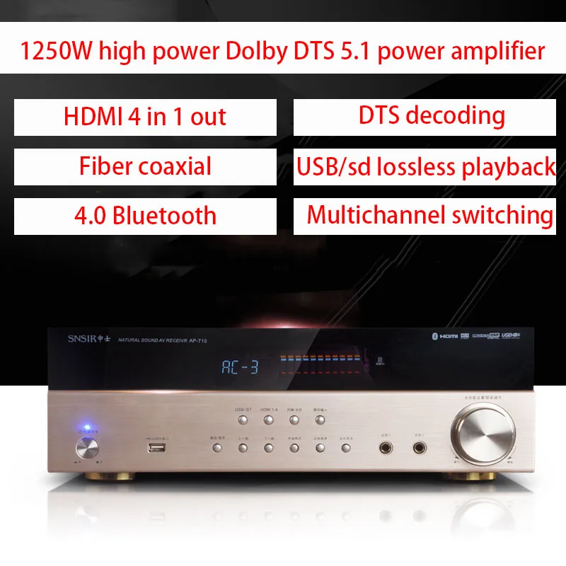 Dolby DTS Home Theater de alta potência, decodificação 5.1, fibra