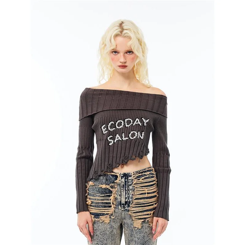 

Deeptown Y2k Distressed Cropped Sweater Women Vintage Off Shoulder Knit Jumper Korean Fashion Sexy Gothic Knitwear Streetwear