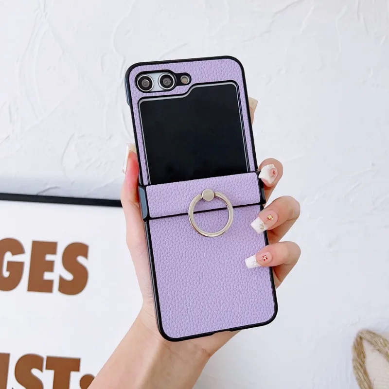Litchi Patterned Leather Phone Case with Ring Holder and Shockproof Design
