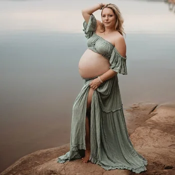 Comfortable Linen Cotton Boho Pregnant Dress For Women Mint Green Maternity Clothing Vintage Short Sleeve For Baby Showers
