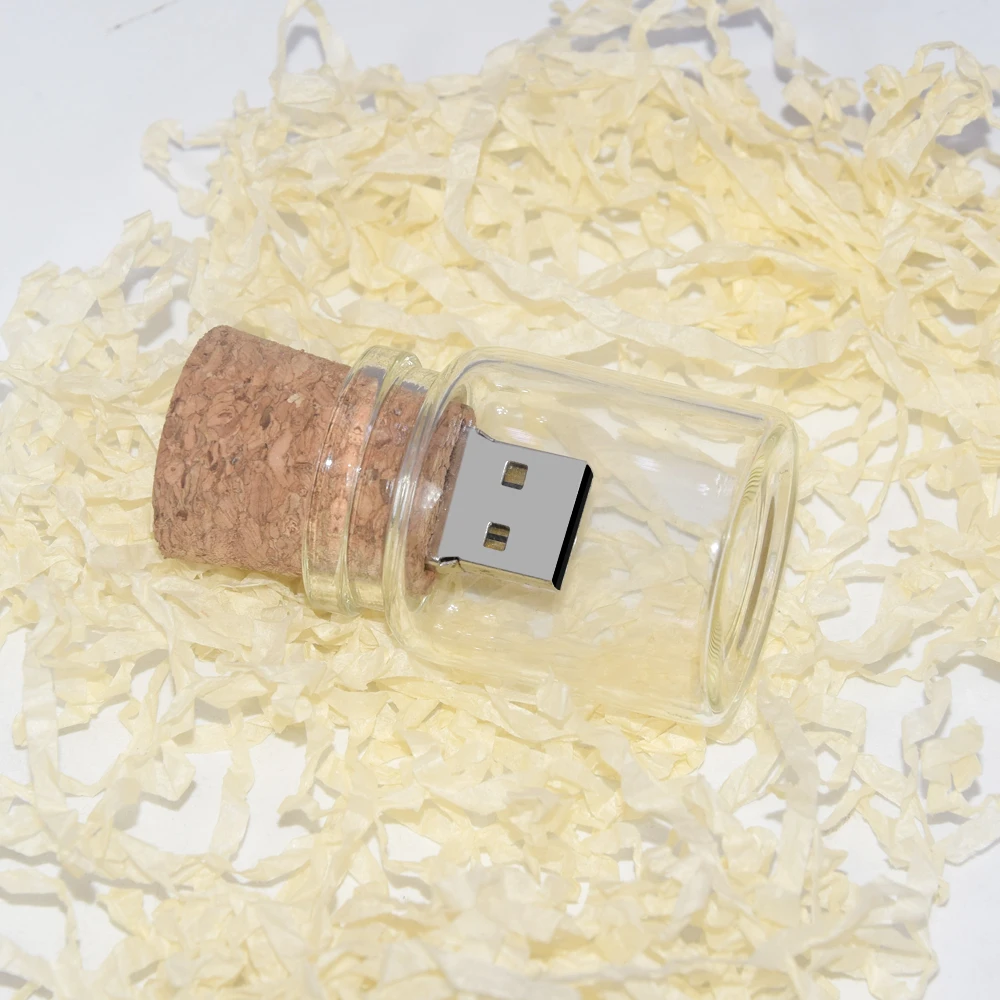 코르크 포함 유리 드리프트 병, USB 플래시 드라이브, 투명 펜드라이브, 패션 선물, 로트당 20 개, 4GB, 8GB, 16GB, 32GB, 64GB, 128GB