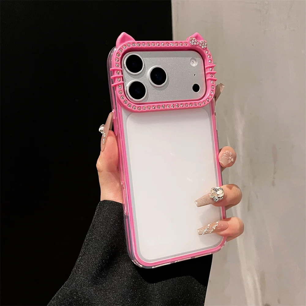 Luxury Rhinestone Cat Ears Matte Transparent Phone Case with Candy Color Bumper