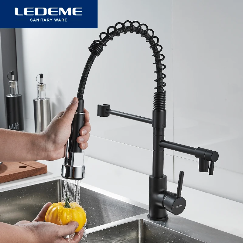 

LEDEME Chrome Black Pull Down Kitchen Faucets Water Dual Swive Spout Mixer Faucet 360 Rotation Kitchen Tap L4799 L4799B