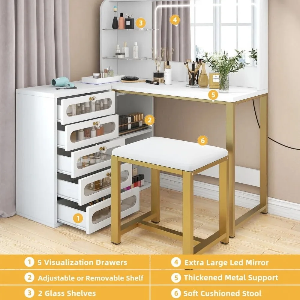 Makeup Vanity with Lighted Mirror, Modern Vanity Table Set with Stool, L Shaped Dressing Table with 5 Drawer, Makeup Vanities 3