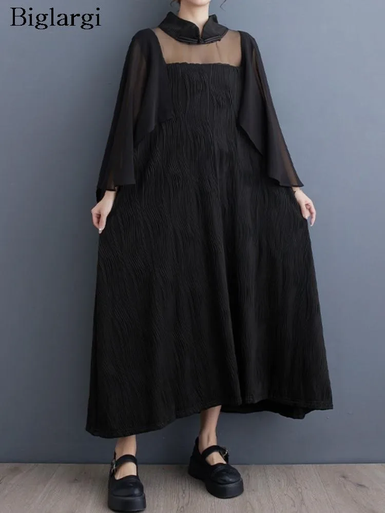 

Mesh Patchwork Spring Dress Women Irregular Ruffle Pleated Fashion Long Sleeve Oversized Ladies Dresses See Through Woman Dress