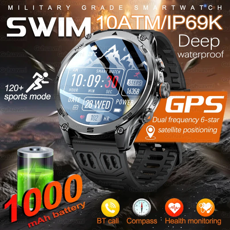 GUHUAVMI M70 1.75''AMOLED Screen Smart Watch Men 10ATM Waterproof Compass GPS Smartwatch Bluetooth Call 1000mAh Large Battery Sports Bracelet