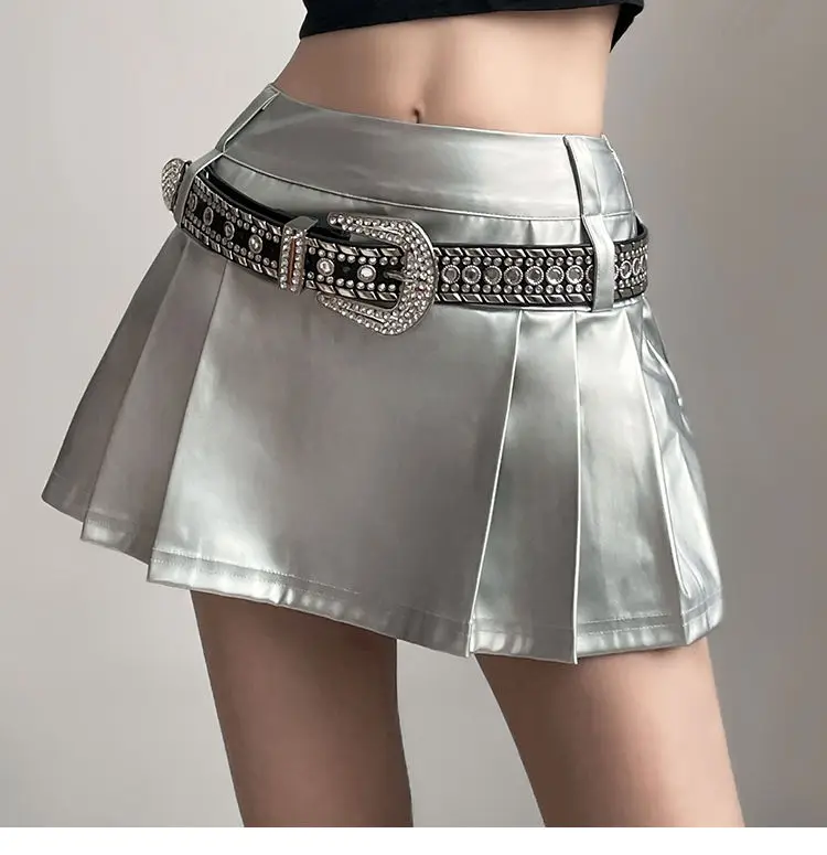 Pleated Skirt High Waist Hot Girl Pleated Pu Skirt Punk Women Streetwear Pleated Harajuku  Rave Female Short Skirt