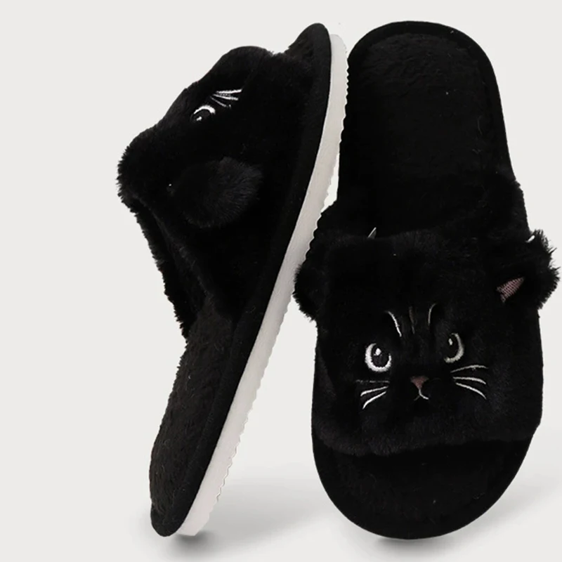 Cute Cartoon Cats Women's Fur Slippers Non Slip Flat Heel Home Slippers Women Winter 2025 Faux Fur Warm Cotton Slippers Indoor