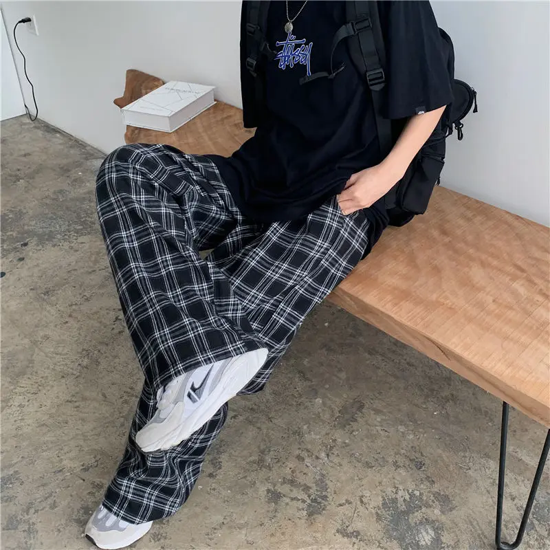 Adolescentes em Linha Xadrez Calças Finas Oversize Feminino Verão Casual Solto Perna Larga Ins Reta Harajuku Hip-hop Unisex Streetwear Sml 27 Computers & Electronics