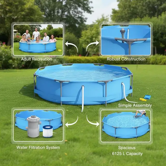 Piscine hors sol ronde 36 mx 76 cm avec structure métallique et pompe filtrante, capacité 6125 L, piscine de jardin pour adultes, bleue 1