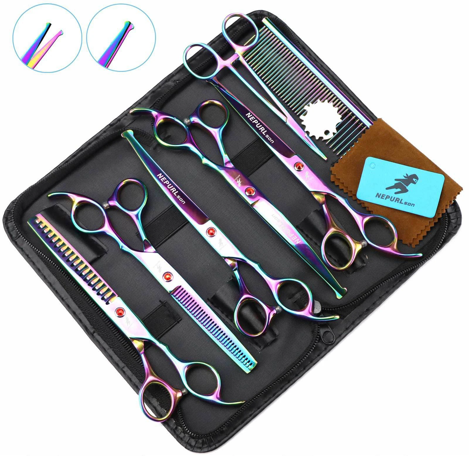 Dog Grooming Scissors 7" Japan Stainless Rainbow Thinning Shears Straight Scissors Pet Dog Curved Shears