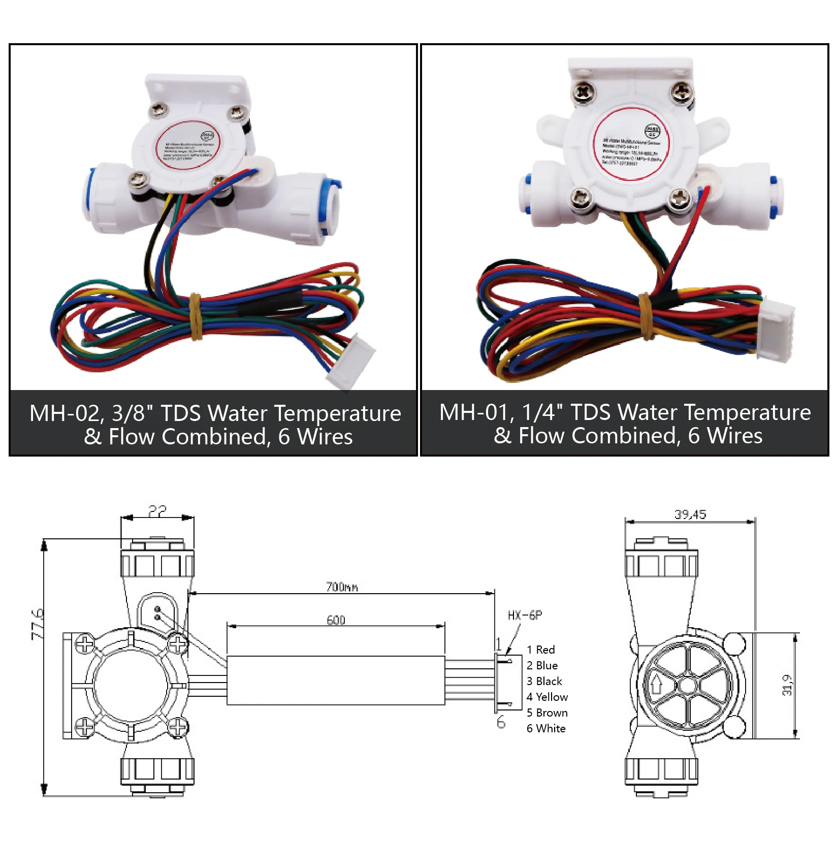 MH-01 MH-02 Water Flow Sensor TDS Hall Effect Flowmeter Quick Connect Temperatur