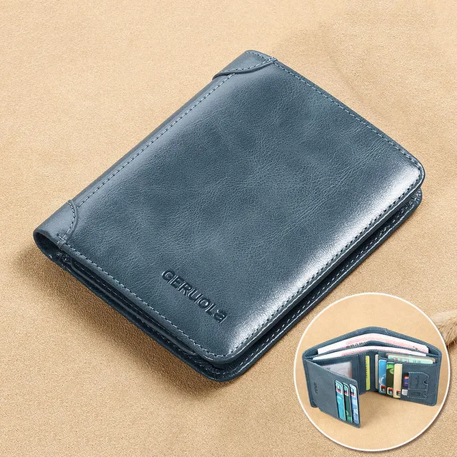 New RFID Blocking Men's Wallet Business Credit Card ID Badge Holder Bag Money  Clip Vertical Genuine Leather Wallet for Men 