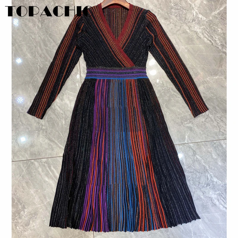 Long Sleeves Striped Deep V-Neck Mini Dresses