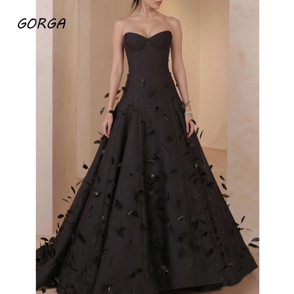 

GORGA Black Sweetheart Appliques A-LINE 2024 Slim Backless Satin Ocassion Gown Floor-Length Evening Dress فستان سهرة نسائي