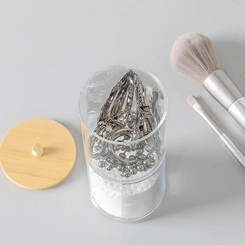 Transparent Storage Box Cotton Swab Organizer With Wooden Lid Large Capacity Dustproof Floss Picks Cotton Balls Holder Bathroom