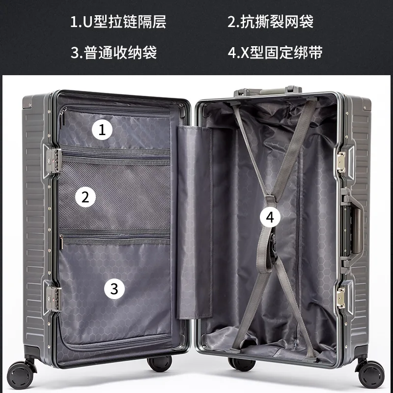 PLUENLI Luggage Trolley Case Men's Anti-Fall Boarding Password Suitcase New Dry Luggage and Suitcase Aluminum Alloy Leather