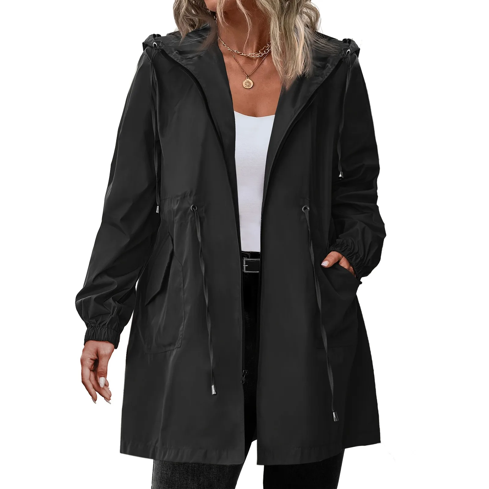 Women Trench Coat New Spring Autumn Jacket Casual Long Sleeve Hooded Mid Long Windbreaker Female Overcoat High-Quality Coats - 2
