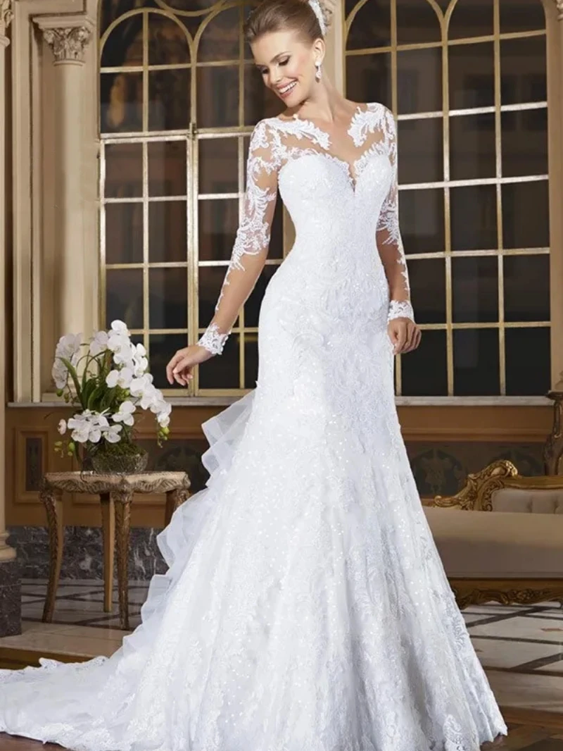 

Женское свадебное платье It's yiiya, белое элегантное платье с круглым вырезом и длинными рукавами на лето 2024