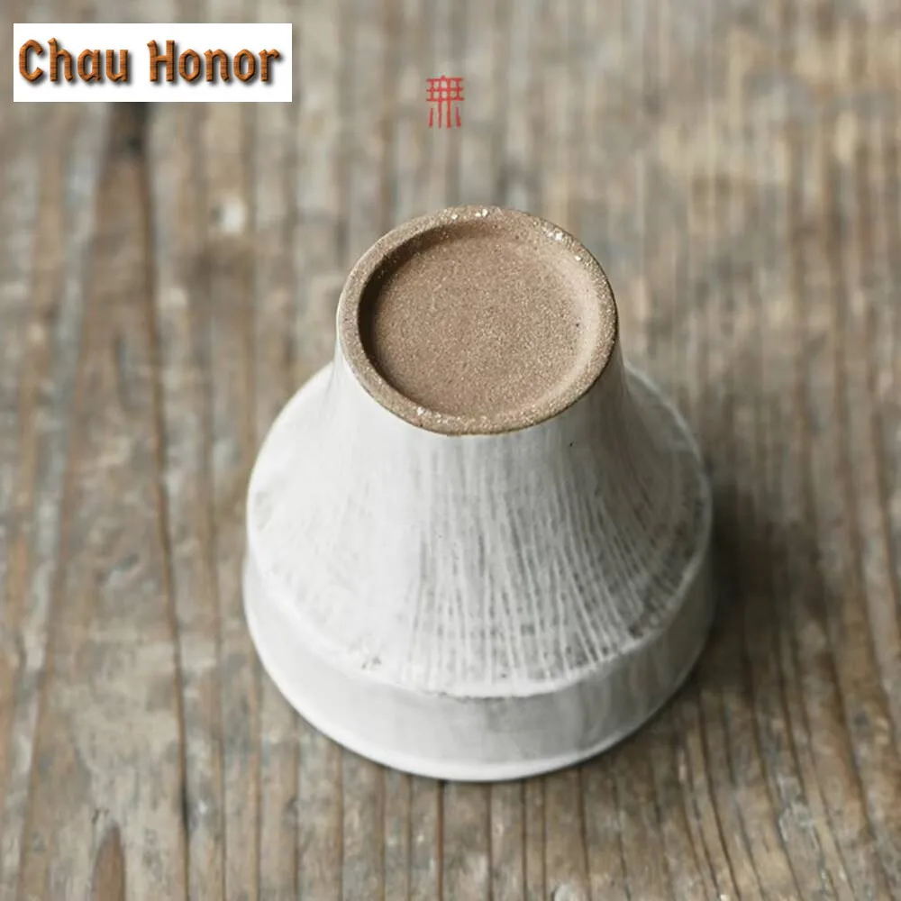 2pc/set Hand Made Powder Yin White Ceramic Teacup Japanese Coarse Pottery Creative Stripe Flower Master Cup Kung Fu Teaset 40ml