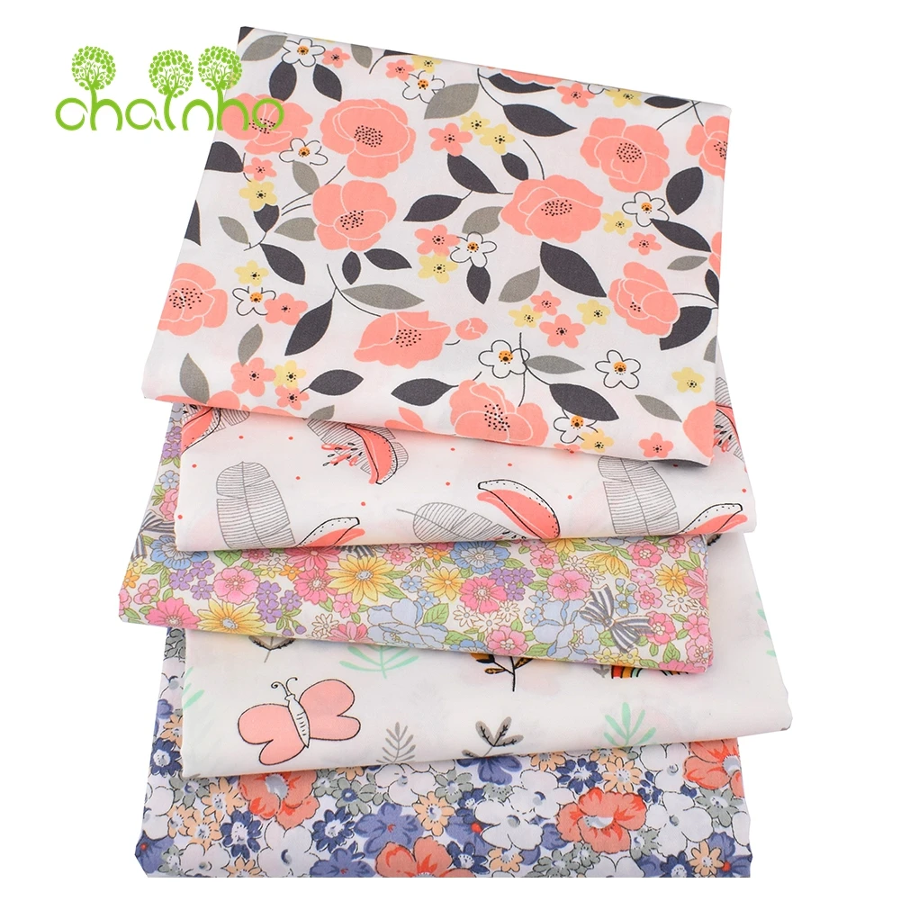 Chainho,Printed Twill Weave Cotton Fabric,DIY Sewing Quilting Material,Patchwork Cloth,5 Designs Pink Series,2 Sizes,15C200
