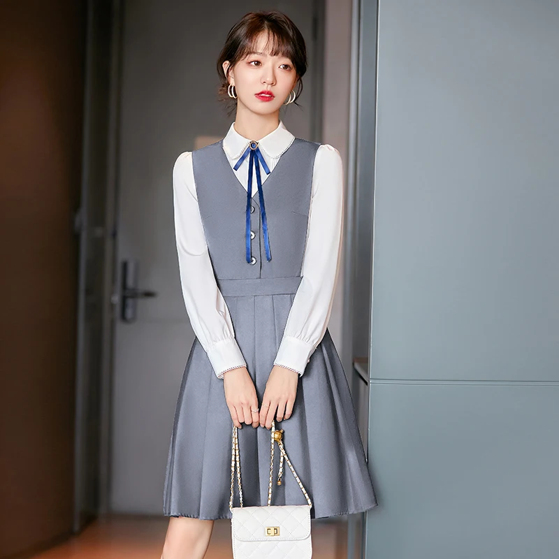 한국 대학 스타일 전문 여성 유니폼 사무복, 봄 여름 정장 양복 조끼 드레스 셔츠 투피스