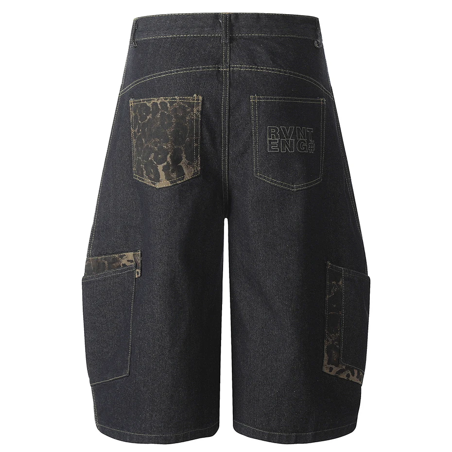 Vintage Baggy Denim Shorts Leopard Patchwork Loose Blue Jeans Shorts Men Summer Streetwear Harajuku Hip Hop Cargo