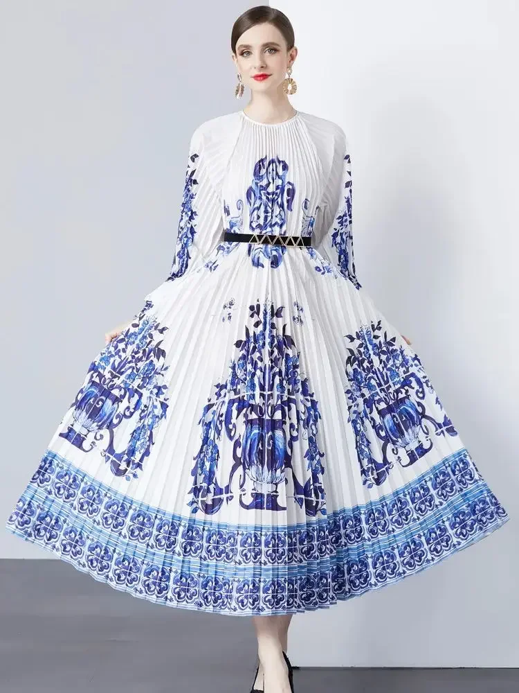 

New Fashion Print Pleated Long Maxi Oversized Dress Women's Raglan Sleeve O Neck Belt Loose Large Size Vintage Party Vestidos