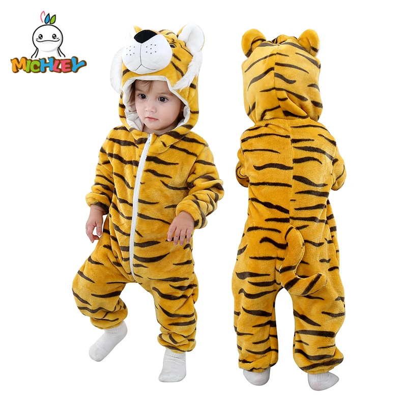 MICHLEY Halloween Tiger Winter Baby Rompers Clothes Costume Hooded Flannel Bodysuits Pajamas Overall For Boys Unisex 2-36 Months