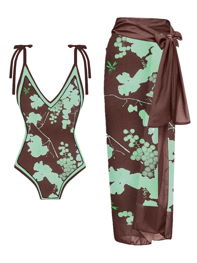 

Vintage Printed Graffiti Art One-piece V-neck Strap Design High Waist tight Casual Fitted Resort Women's Swimsuit and covering