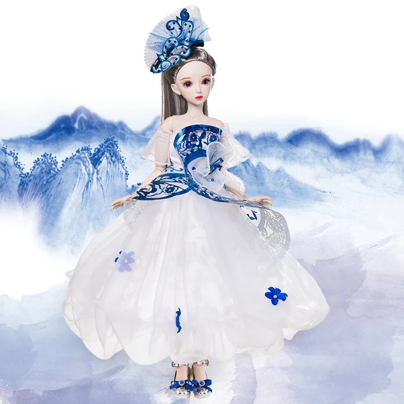 

1/3 Doll Chinese cartoon doll Blue ancient style Dresses BJD 62cm Ball Jointed Dolls Clothes Shoes Makeup Girls Toys Gift