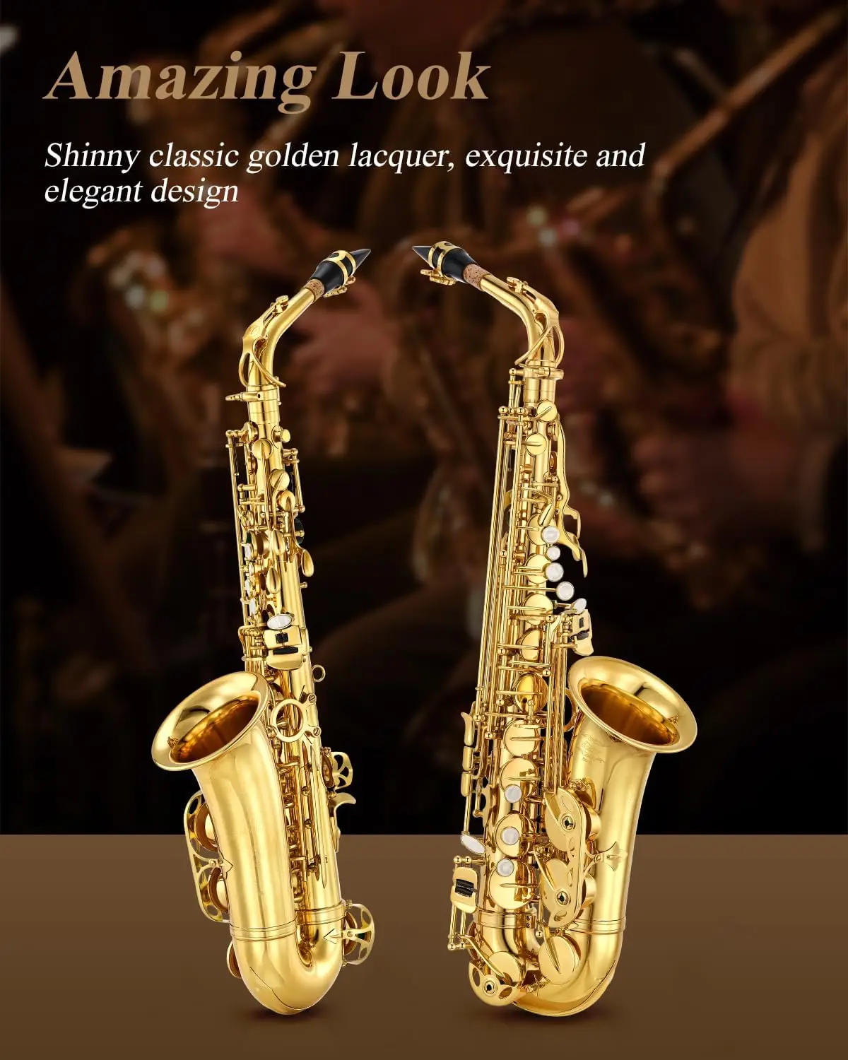 AS-Ⅱ Student Alto Saxophone E Flat Gold Lacquer Alto Beginner Sax Full Kit With Carrying Sax Case Mouthpiece Straps Reeds